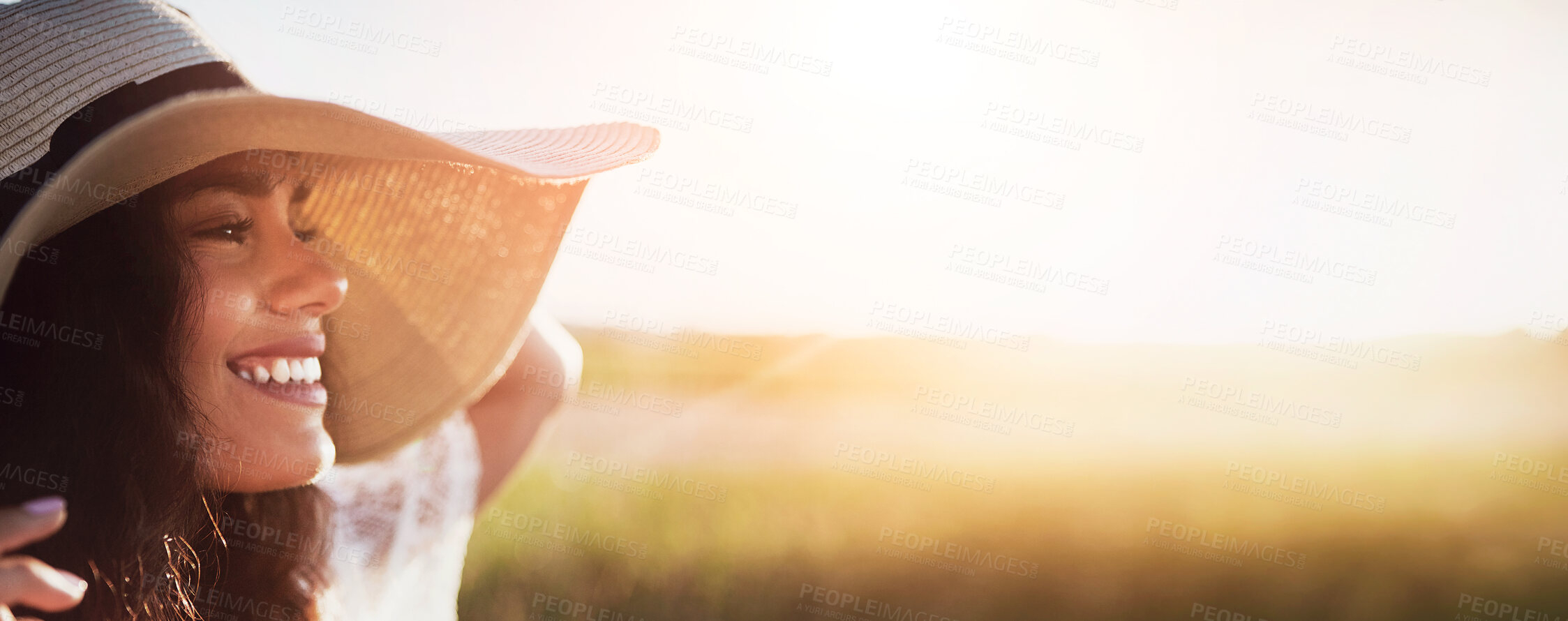 Buy stock photo Happy, woman and thinking with hat in nature for fresh air, reflection and summer holiday. Space, female person and banner with vision, calm morning and vacation trip for stress relief in countryside