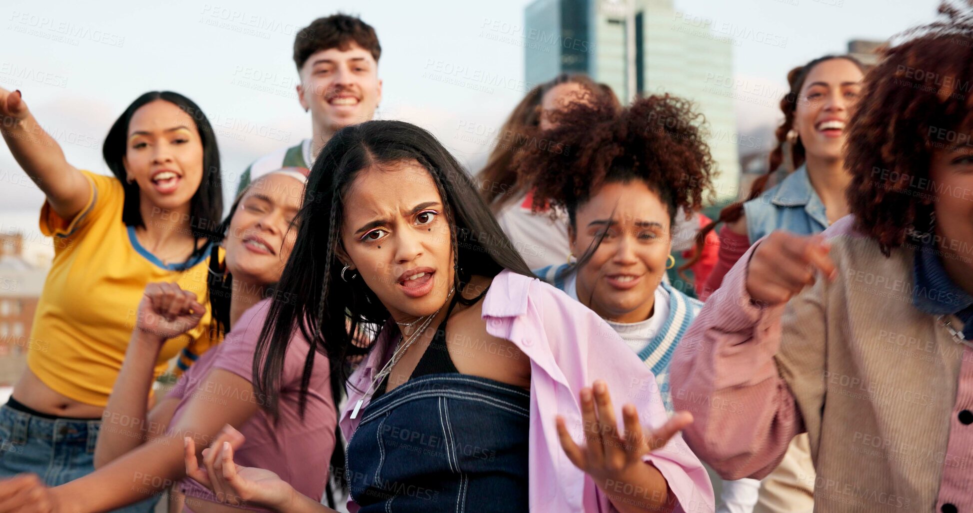 Buy stock photo City, hip hop and portrait of dance people outdoor together for culture, street or urban style. Attitude, energy and performance with dancer group in town for art, creative or performance recital