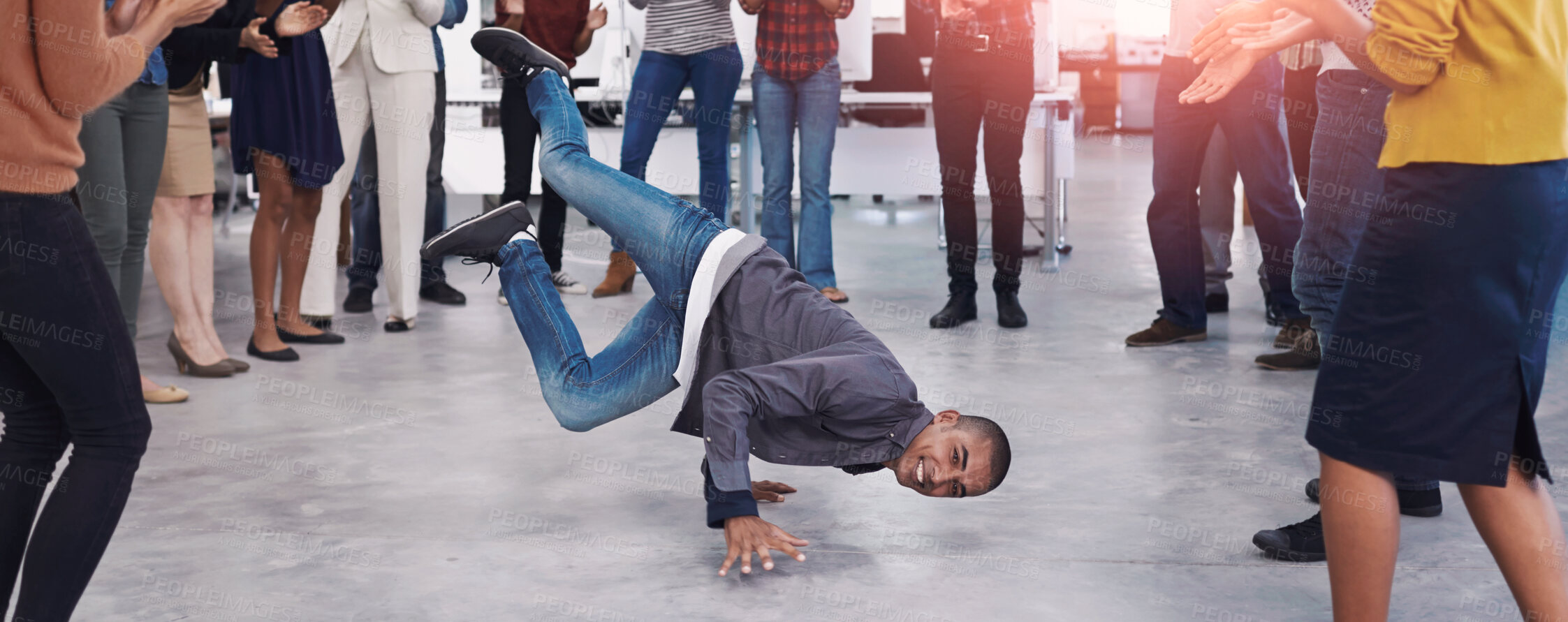 Buy stock photo Breakdance, office and business people in celebration for success, teamwork and achievement at startup. Dance, team building and excited staff with applause, smile and happiness in circle with fun