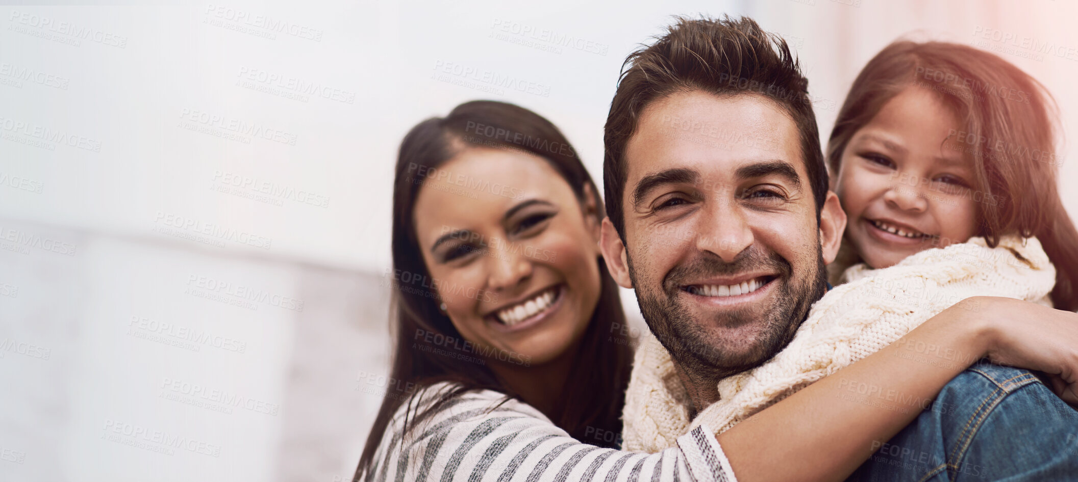 Buy stock photo Mom, dad and kid in home for portrait with love or care, quality time and family bonding for memories or connection. Parents, girl child and together for comfort or safety on weekend, hug and closeup