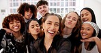 Selfie, group and dancers portrait in practice, studio and travel for hip hop competition together. Happy, smile and team diversity with women, man and collaboration at art school for performance