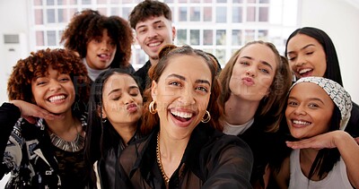 Buy stock photo Selfie, group and dancers portrait in practice, studio and travel for hip hop competition together. Happy, smile and team diversity with women, man and collaboration at art school for performance