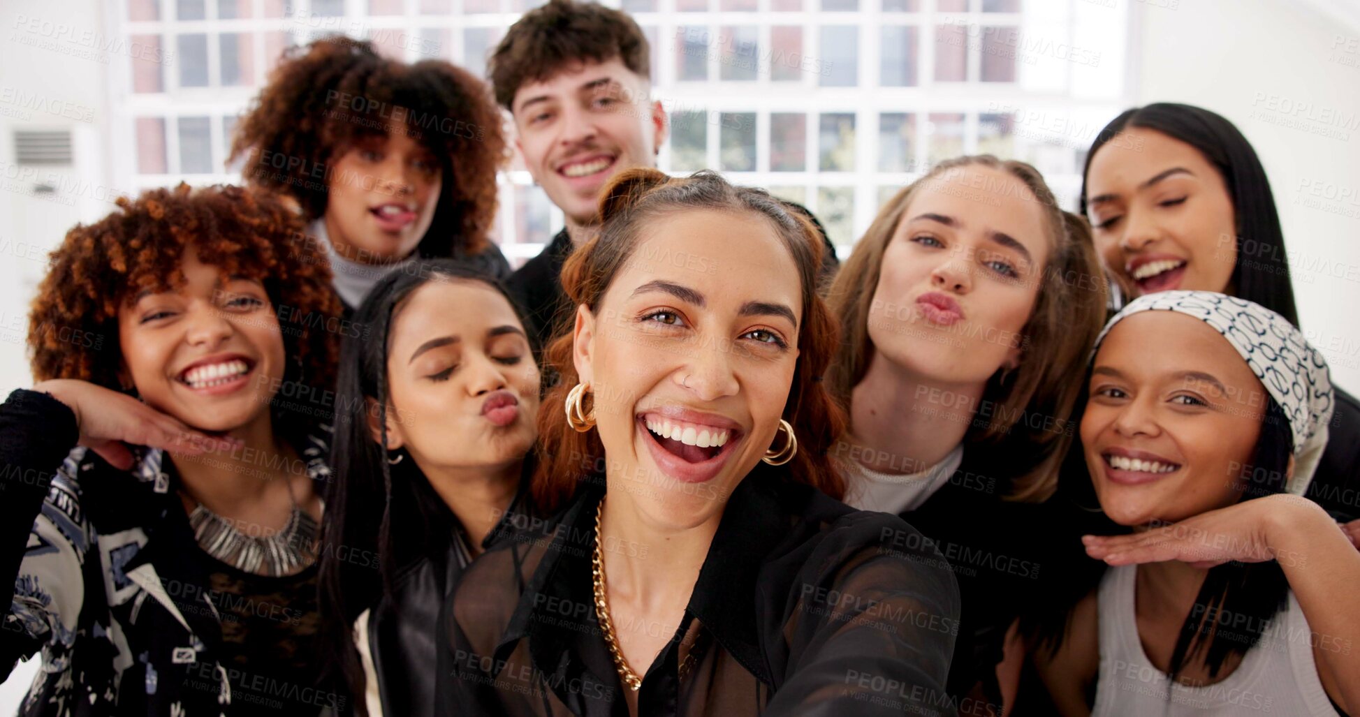 Buy stock photo Selfie, group and dancers portrait in practice, studio and travel for hip hop competition together. Happy, smile and team diversity with women, man and collaboration at art school for performance