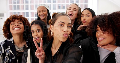 Buy stock photo Selfie, peace sign and dancers portrait in practice, studio and travel for hip hop competition together. Happy, smile and team diversity with women, group and art school collaboration for performance