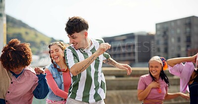 Buy stock photo Happy, group and people for dancing outdoor with movement, creative rhythm and hip hop performance. Smile, friends and retro fashion with breakdance energy, choreography and freestyle routine on roof