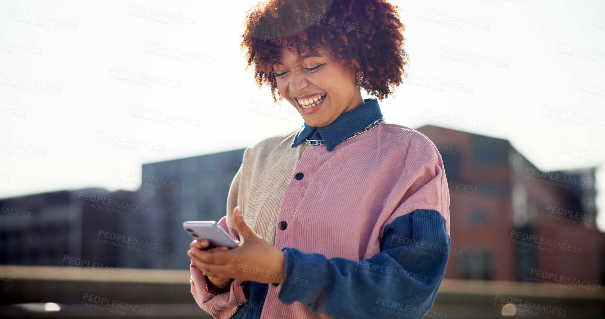 Buy stock photo Woman, phone and laughing for message in town, reading funny meme and online for social media surfing. Female person, outdoor and app for humor in communication, silly notification and holiday fun