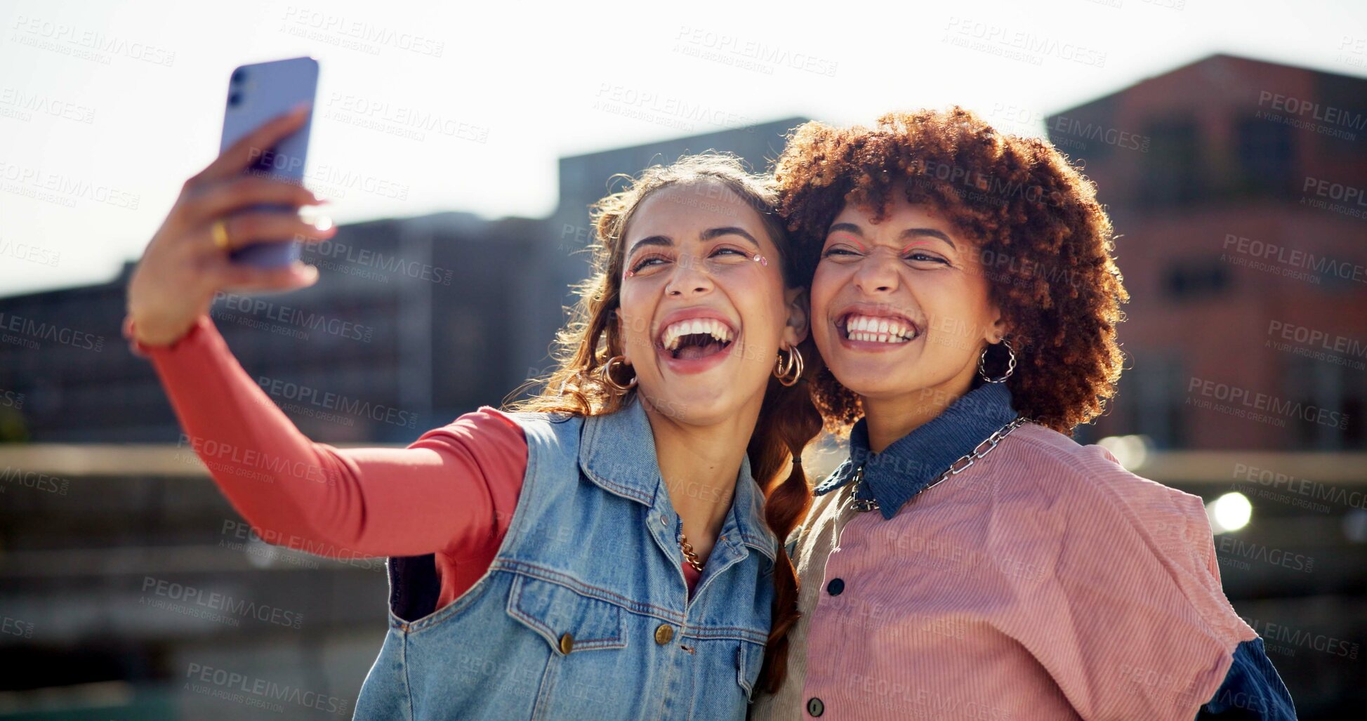 Buy stock photo Friends, selfie and gen z for social media, internet and photography with cool trendy people. Group, memory and face for live streaming, profile picture and outdoor with website, relax and happy