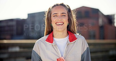 Buy stock photo Fashion, laughing and portrait of woman in city with casual outfit, designer clothes and streetwear. Student, urban town and person with style for confidence, pride and happy on weekend outdoors