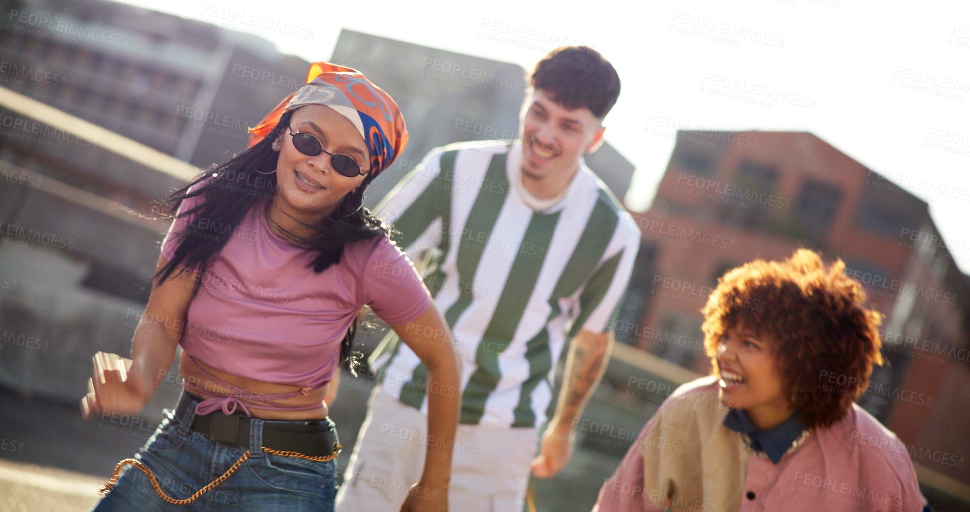 Buy stock photo Happy, group and friends for dancing outdoor with movement, creative rhythm and hip hop performance. Smile, people and retro fashion with breakdance energy, choreography and freestyle routine on roof