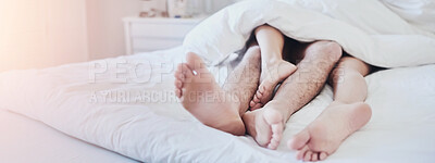 Buy stock photo Couple, feet and bed in a home with sleeping, morning and love together in a bedroom. Romance, passion and care of people legs under a duvet and blanket with marriage, cuddle and nap in a house