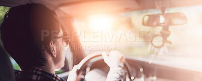 Buy stock photo Man, driving and car in summer on weekend for relax in sunglasses on road for journey or travel. Explore, adventure and automobile therapy with stress management for freedom, control and enjoyment.