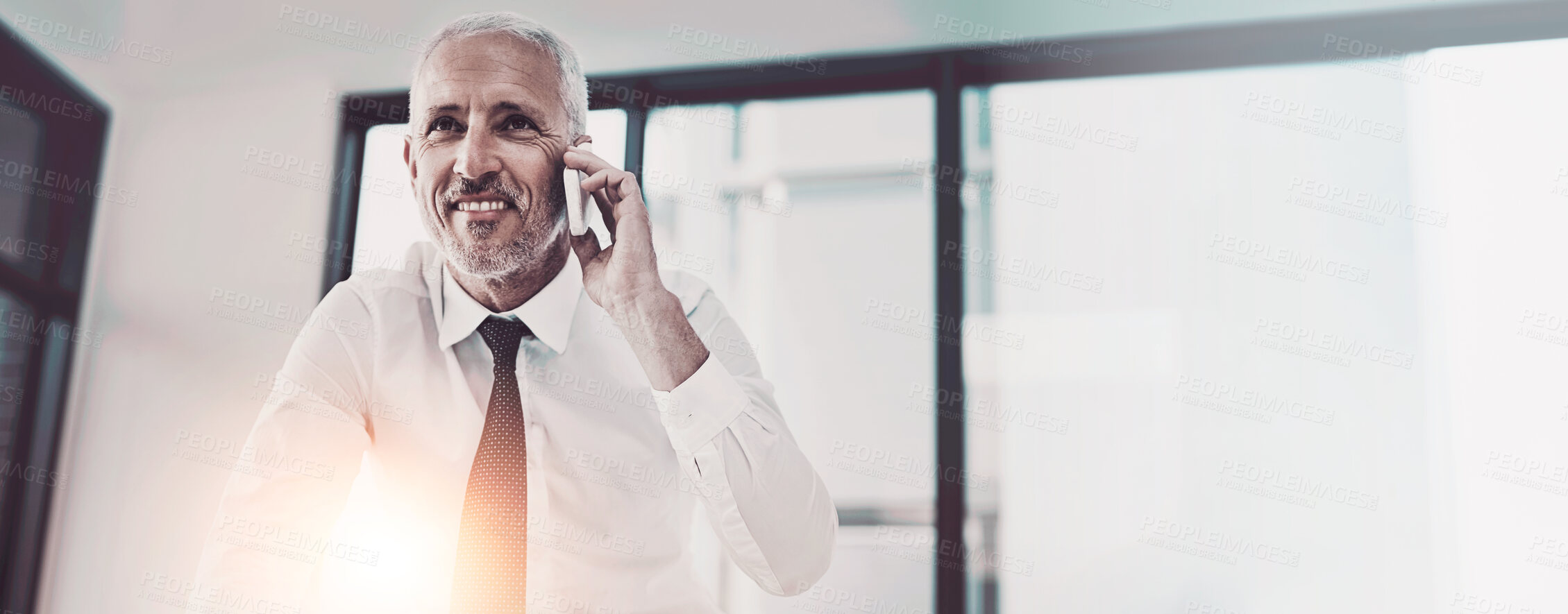 Buy stock photo Phone call, contact and mature businessman in office for finance negotiation with stakeholder. Happy, cellphone and financial investor on mobile discussion for connection, communication or networking
