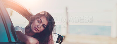 Buy stock photo Woman, car and portrait by window in summer for travel, freedom and vacation with sunshine by beach. Girl, motor and parking by ocean as driver for road trip, holiday and adventure in San Francisco