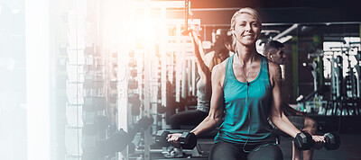 Buy stock photo Shot of a woman doing a upper-body workout at the gym