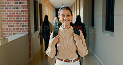 Buy stock photo Smile, hallway and portrait of student at school with backpack for learning, studying or knowledge. Happy, teenager and girl from Mexico in corridor of academy for education class with scholarship.