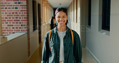 Buy stock photo Learning, hallway and portrait of girl at school with backpack for lesson, studying or knowledge. Happy, teenager and student from Mexico in corridor of academy for education class with scholarship.