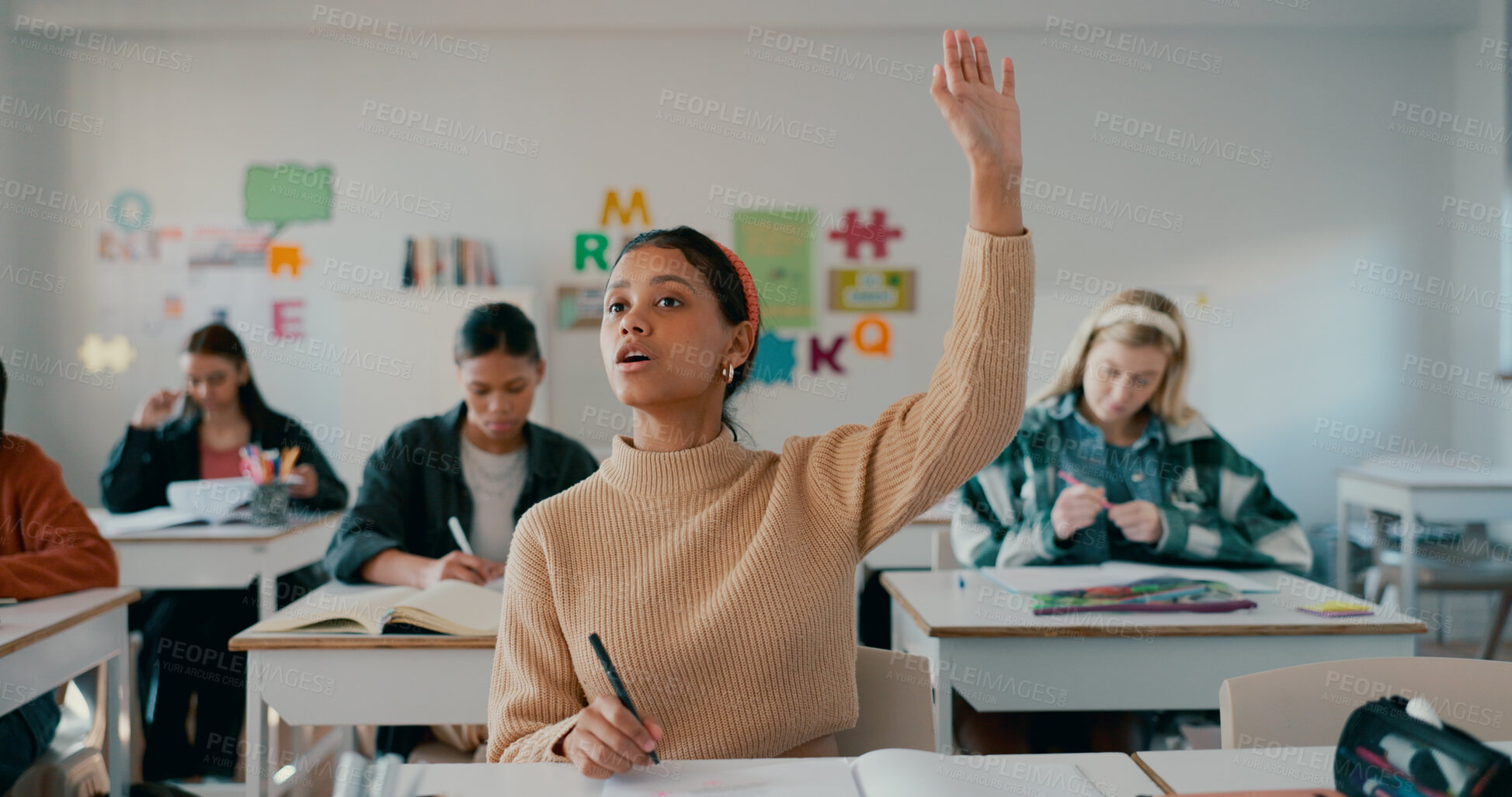 Buy stock photo Question, hands raised and education with girl in classroom for learning, idea and scholarship. Answer, knowledge and future with student in high school for solution, studying and problem solving