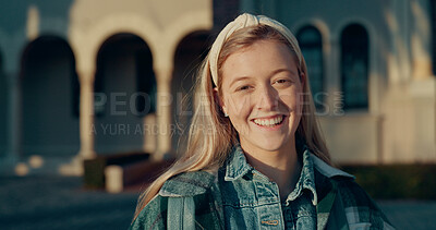 Buy stock photo Student, smile and portrait of woman on campus for education, learning and scholarship. Future, academy and youth with gen z person in Germany school for college, university and studying knowledge