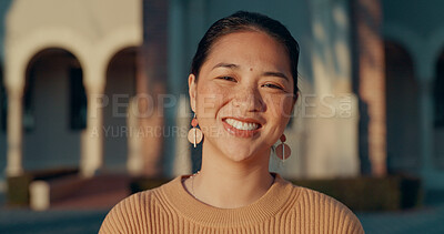 Buy stock photo Smile, school and portrait of teacher outdoor with career in education, learning and knowledge. Happy, academy and face of Asian woman tutor by building at campus for pride in job with educator.