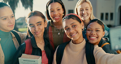 Buy stock photo Happy, women and smile with selfie at university for education, learning and memory at campus. Friends, book and backpack with photography outdoors for social media, post and online status update