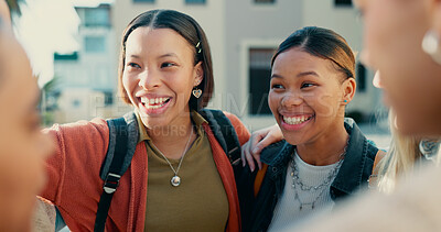 Buy stock photo Students, girls or talking outdoor on campus for funny conversation, university gossip or backpack in circle. College, friends and bonding with laughing, learning break or happy for study scholarship