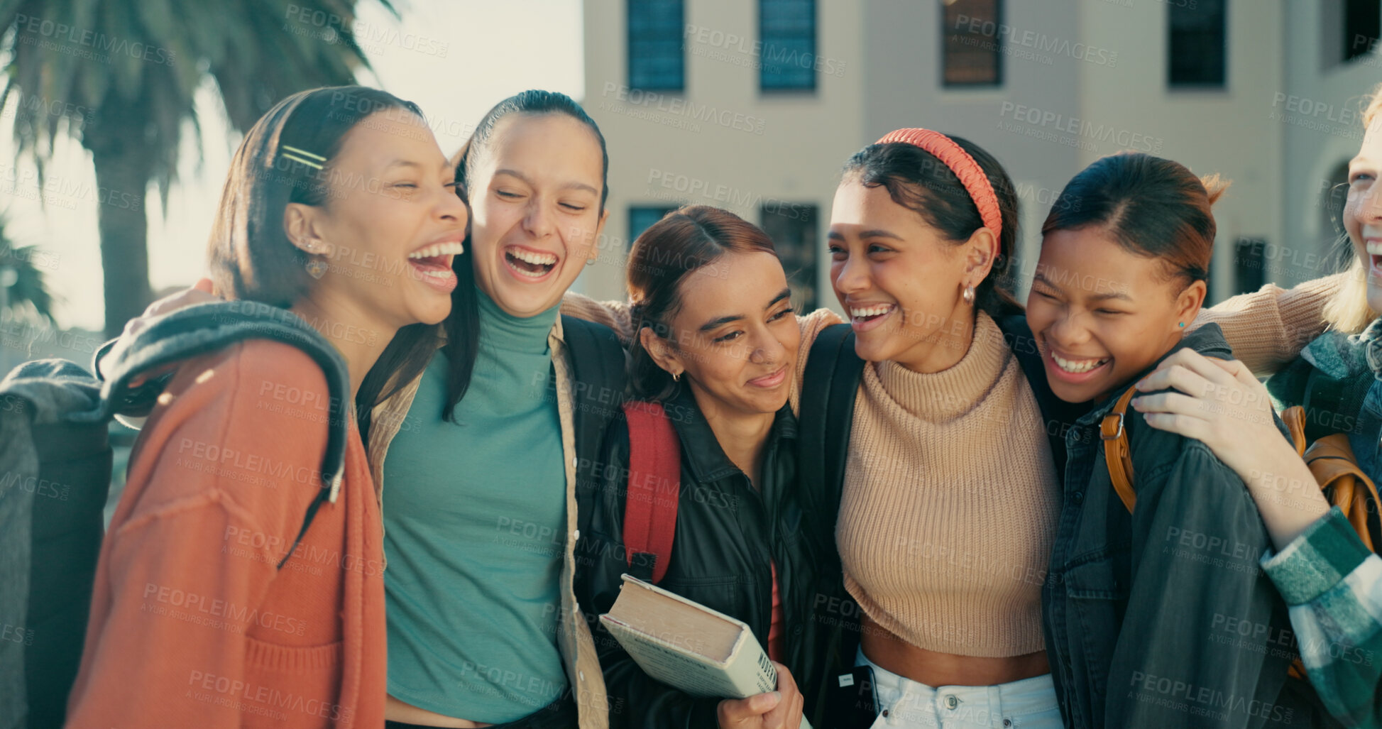 Buy stock photo Friends, girls and students with backpack laughing together at campus for funny conversation and college joke. University, people and diversity with bonding, learning break and happy for scholarship