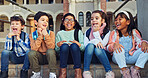 School kids, happy and friends on stairs for laughing, joke and excited with diversity, learning or development. Children, excited and smile on steps with connection, comic or funny memory at academy