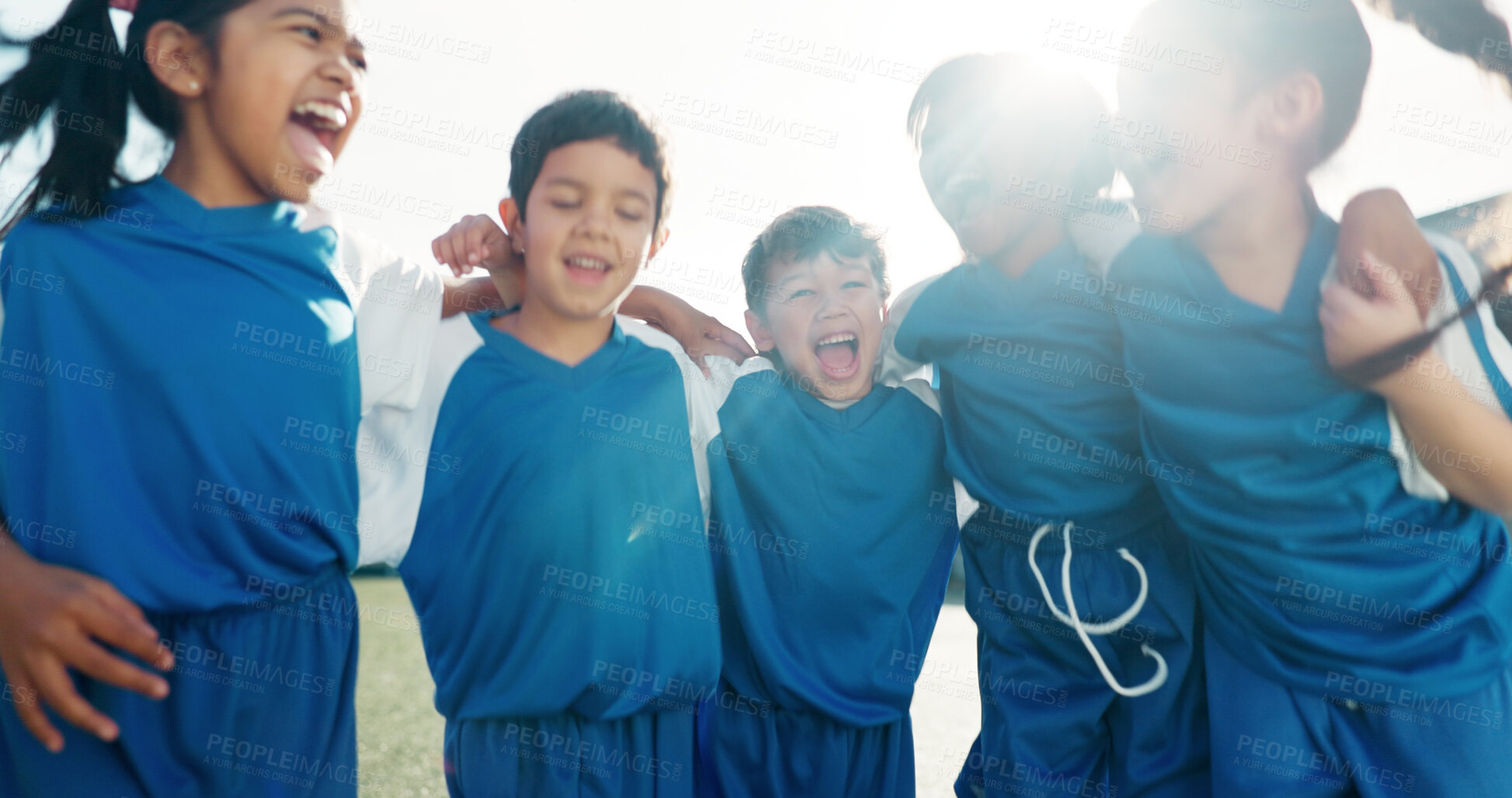 Buy stock photo Children, soccer team and excited with hug on field, celebration or achievement for sport tournament. Friends, boys and girls with support for winning, game goal or group of football players on pitch