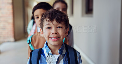 Buy stock photo Hallway, portrait and boy with students, school and education with happiness, smile and learning. Lobby, face and kids with knowledge, child development and friends with bonding, joy and cheerful