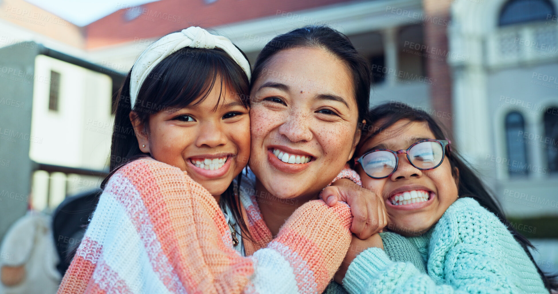 Buy stock photo Outdoor, mother and children in portrait with hug, bonding together and connection with smile. Outside, mom and girls with embrace for kindergarten, childhood and development with happiness as family