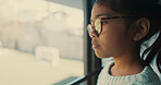 Thinking, sad and girl with glasses, window and naughty kid with nostalgia, emotion and autism. Classroom, student and childhood with view, anxiety and depression with mental health and eyewear