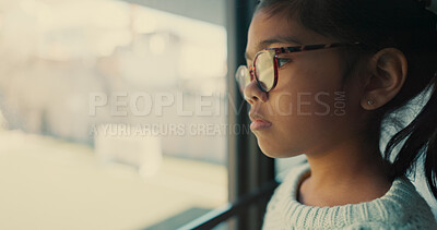 Buy stock photo Thinking, sad and girl with glasses, window and naughty kid with nostalgia, emotion and autism. Classroom, student and childhood with view, anxiety and depression with mental health and eyewear