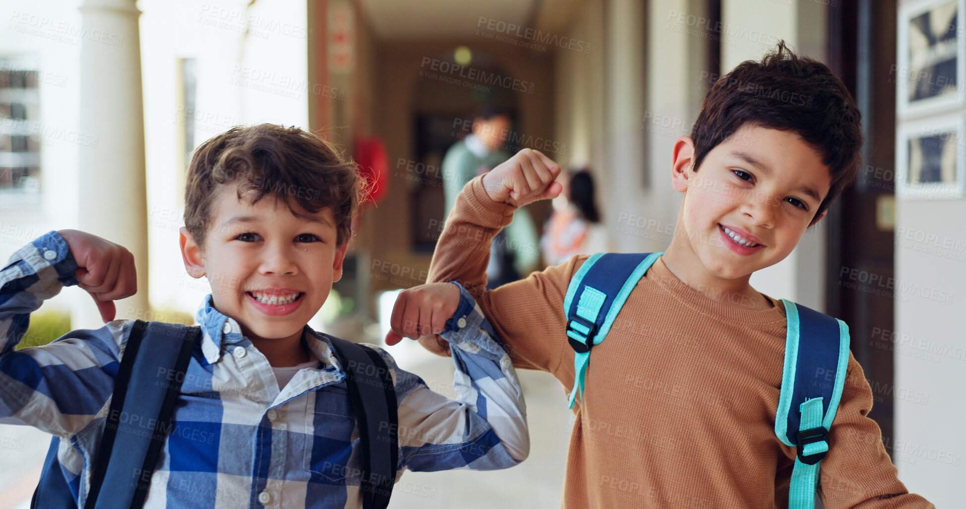 Buy stock photo Kids, flex or portrait and school for education, growth or happy for learning opportunity. Boys, smile or strong gesture in hallway for brain power, energy or showing muscle for knowledge development