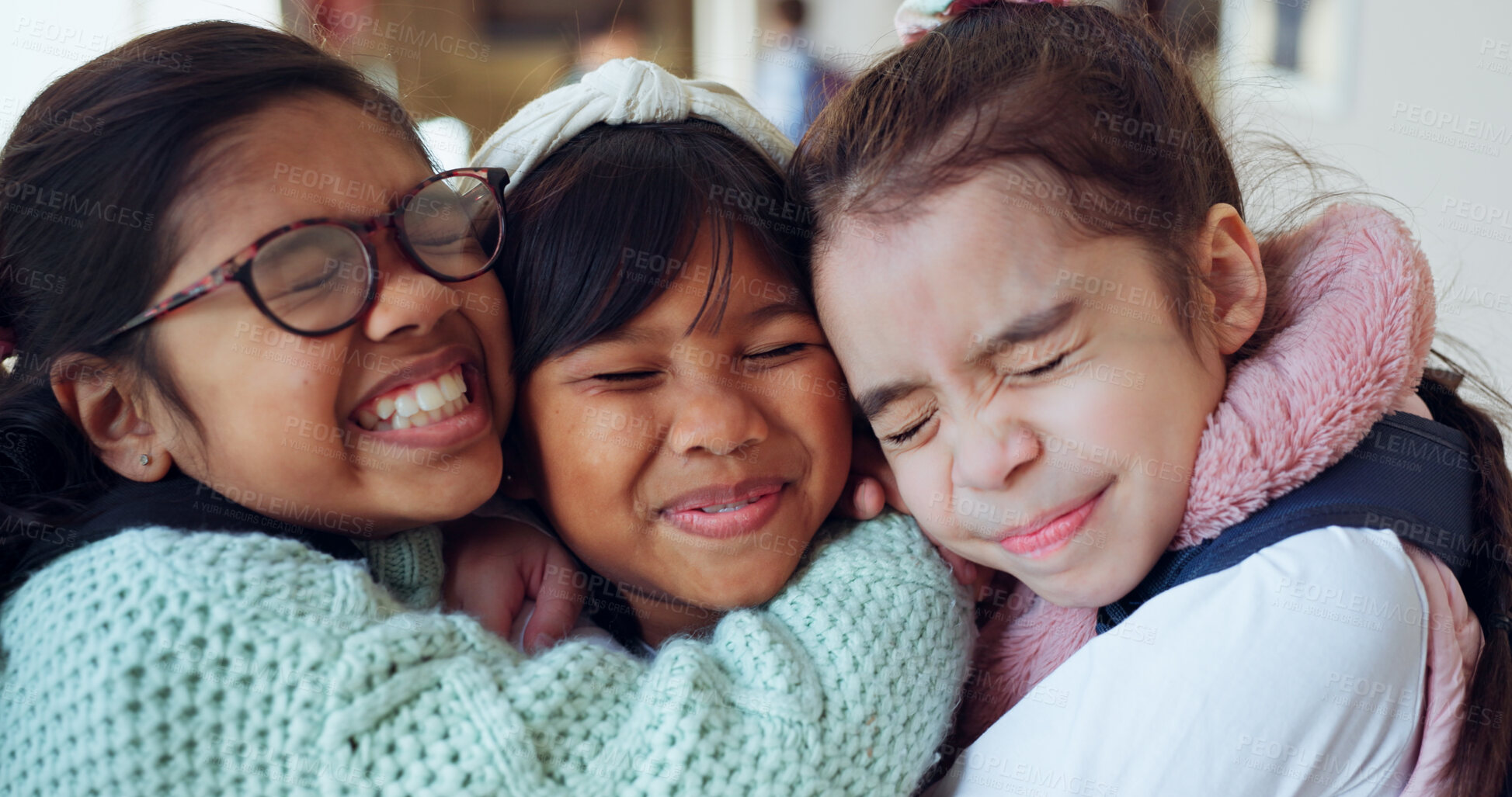 Buy stock photo Children, excited and hug in class for friendship, reunion and relationship development. Kids, happy and embrace at Montessori with energy, education and students at school with diversity and love