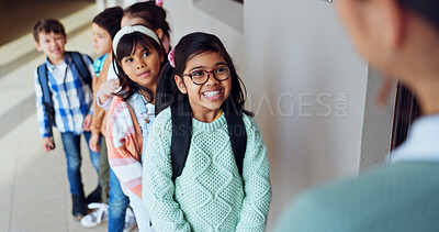 Buy stock photo Happy kids, teacher and students with line for attendance, interaction or education outside classroom. Young, children or elementary learners with smile for educator, lesson or learning at school