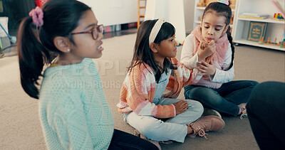 Buy stock photo Students, girl and children on floor in classroom for reading group, learning and academic development. Kindergarten, kids and learner on ground at school for study activity, education or scholarship