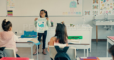 Buy stock photo Happy girl, classroom and presentation with poster for global warming, ocean conservation or awareness at school. Young kid, child or elementary student with sign or page to save eco friendly planet