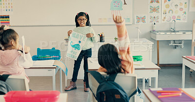 Buy stock photo Happy girl, classroom and presentation with poster or question for global warming, ocean conservation or awareness at school. Young kid, child or elementary student with sign for eco friendly planet