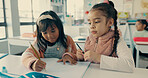 Students, girl and children with drawing in classroom for art lesson, creative development or academic growth. Kids, friends or sketching in book at primary school for learning, studying or education