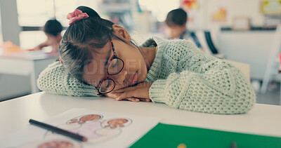 Buy stock photo Girl, child and fatigue with sleeping in classroom with drawing, color or art with burnout at academy. Kid, lazy and rest with  sketch, bear and tired for education, development or creative at school