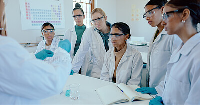 Buy stock photo Science, laboratory and teacher with students in class for learning, education and research at medical university. School, biotechnology and people for experiment, studying and teaching at college