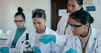 Science, laboratory and teacher with students with microscope for learning, education and research. Medical university, school and professor for experiment, studying and biology equipment at college