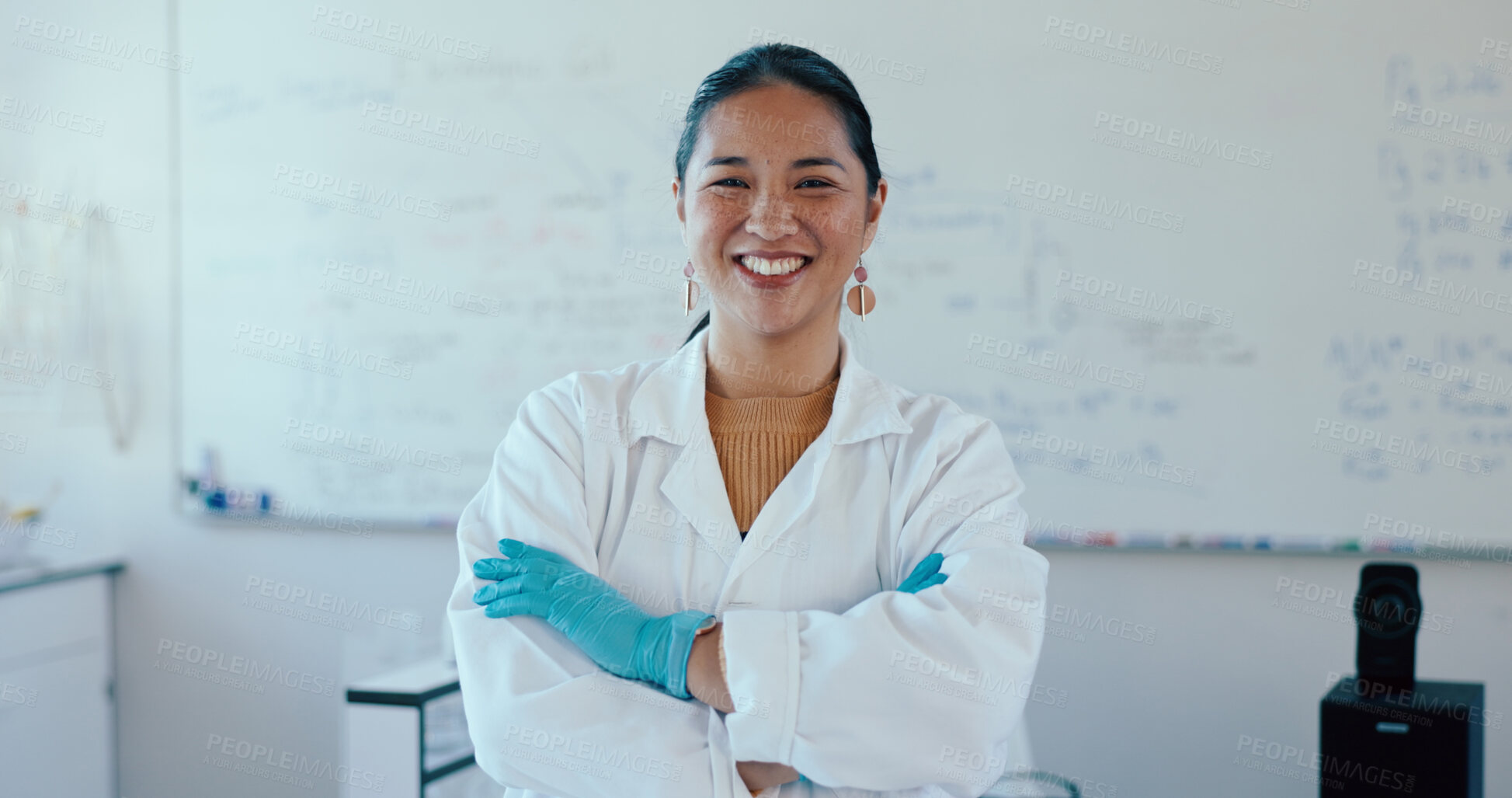 Buy stock photo Classroom, teacher and happy woman in portrait for medical, pride and teaching for science topic. University, female person and professor with arms crossed for lecture, laboratory session or learning