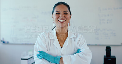 Buy stock photo Classroom, teacher and happy woman in portrait for science, pride and teaching for medical topic. University, female person and professor with arms crossed for lecture, laboratory session or learning