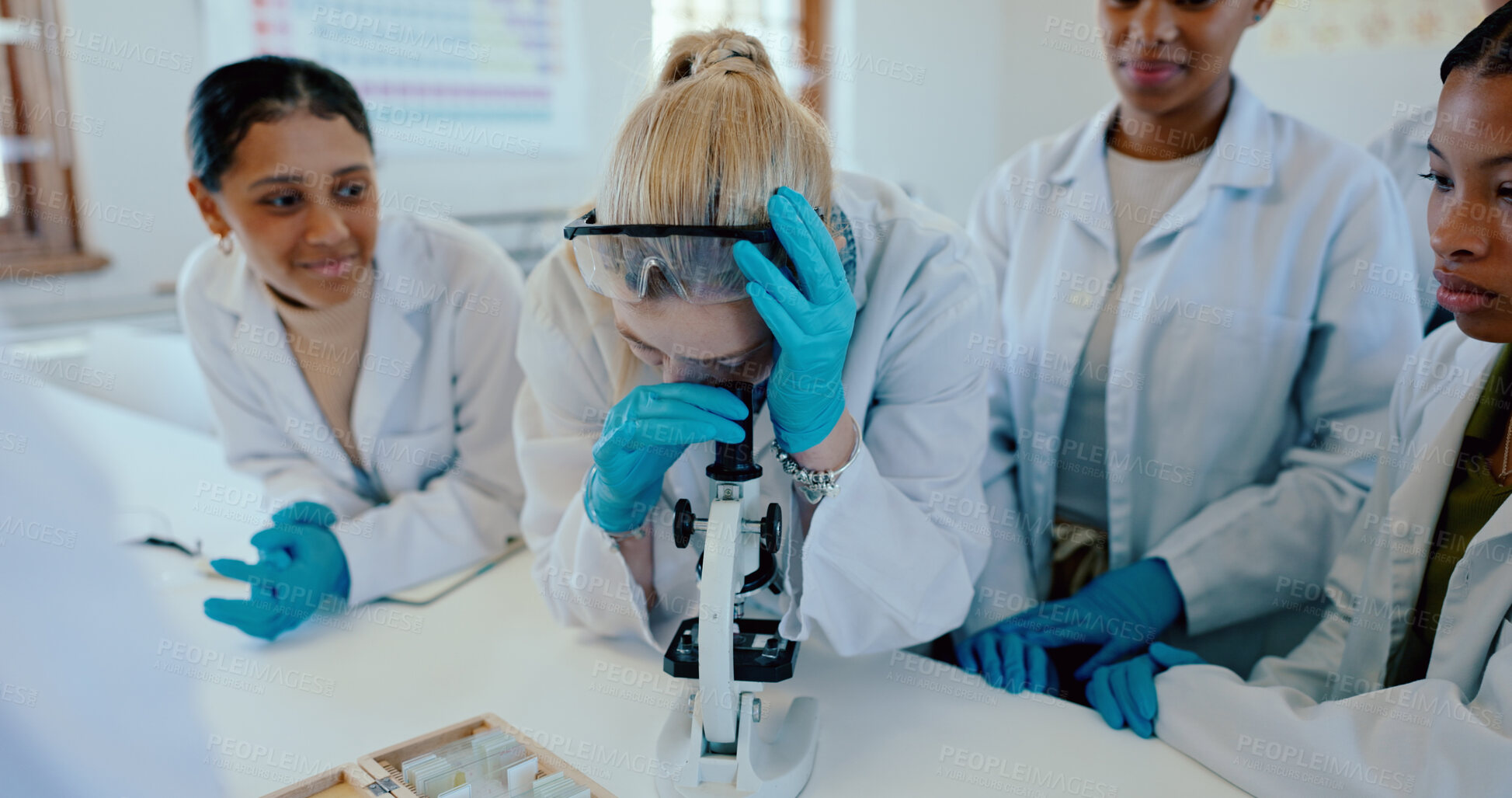 Buy stock photo High school, students and microscope in science classroom for chemistry analysis, sample study or practical lesson. Girl, people and learning of medical research for experiment with ppe safety in lab