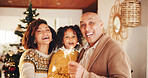 Christmas, portrait and happy with family and sparkler for festive magic, Noel cheer and xmas celebration. Love, winter holiday and decorations with people at home for present, vacation or excited
