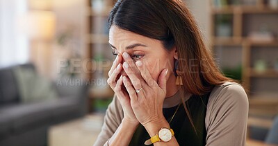 Buy stock photo Business woman, headache and eye strain from online research reading with stress and anxiety. Digital, office and ux designer with burnout, working and problem solving with blue light issue of tech