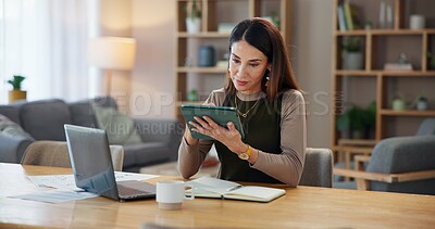 Buy stock photo Diary, remote work and woman on tablet in home with paperwork for online banking, finance or taxes. Budget, bookkeeping entry or accountant with journal for debt payment, financial review or research