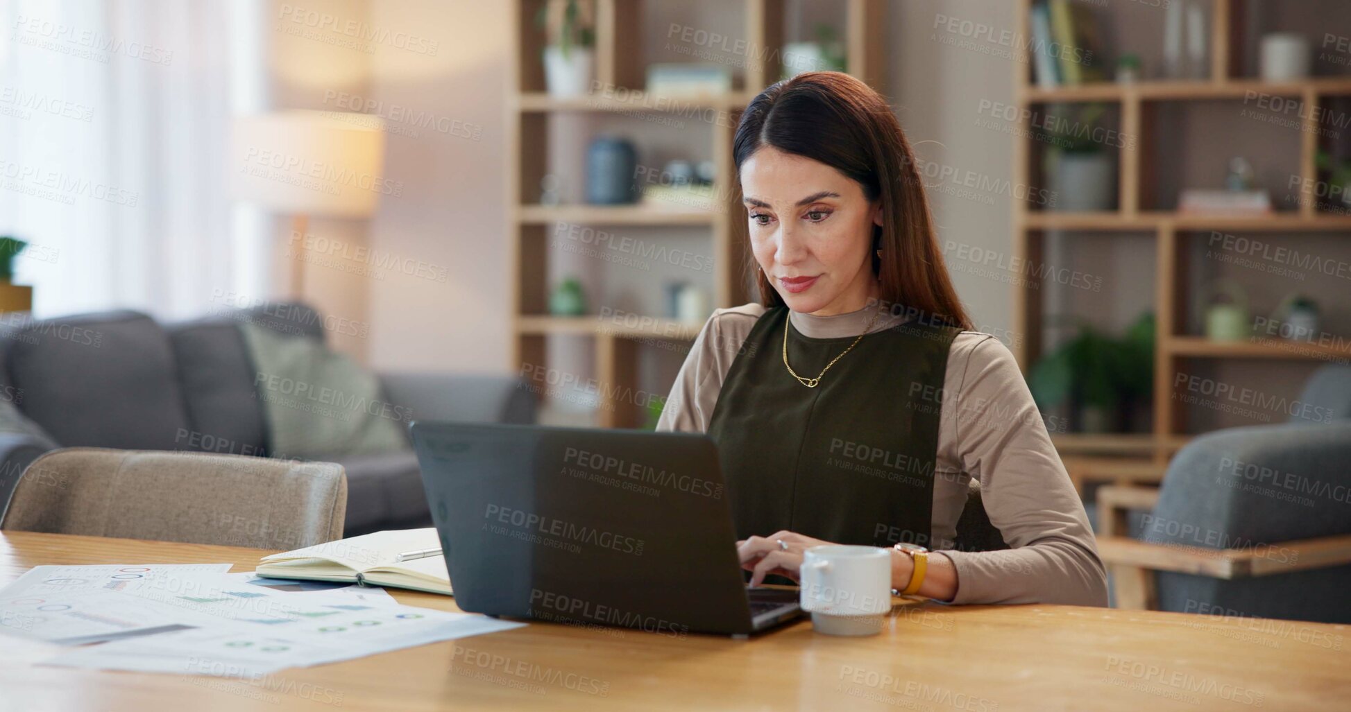 Buy stock photo Documents, typing or woman on laptop in home office with paperwork for online banking, finance and taxes. Remote work, bookkeeping or accountant with report for accounting, financial review and bills