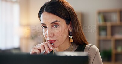 Buy stock photo Business woman, working and laptop with web research reading for ux designer in office. Digital, computer and design update with seo upgrade at creative agency at startup with planning on tech